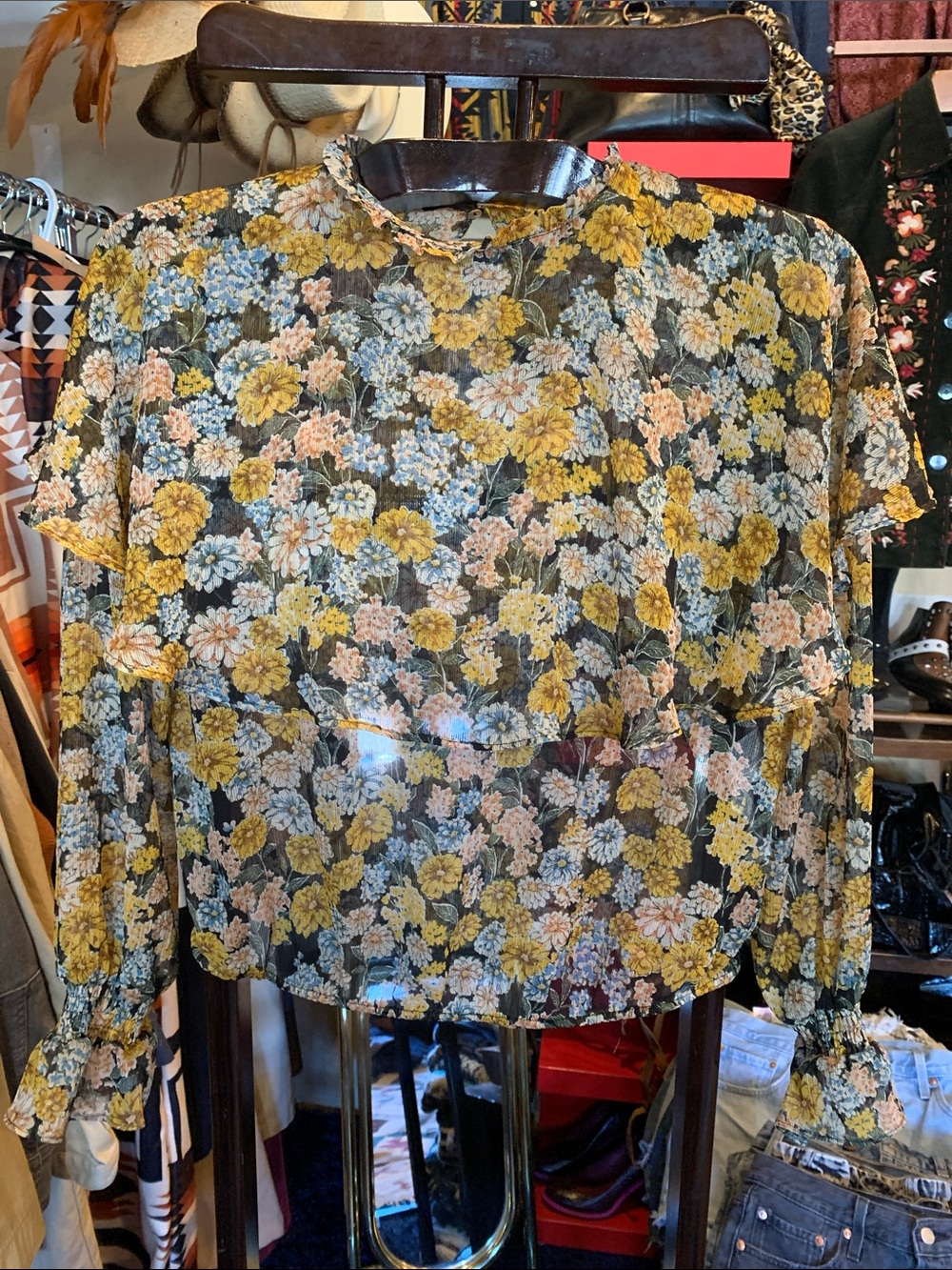 Sheer Floral Blouse in Yellow & Blue - Lightweight Women’s Top
